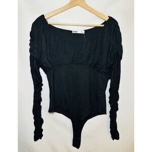 ELODIE Ruched Black Long Sleeve Thong Bodysuit Women's LARGE NWT